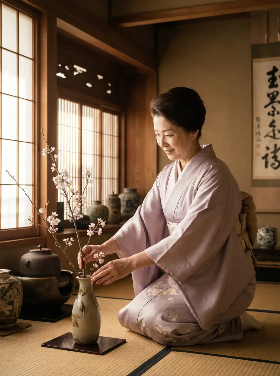一位优雅的 莱茵体育网站 在和室中插花