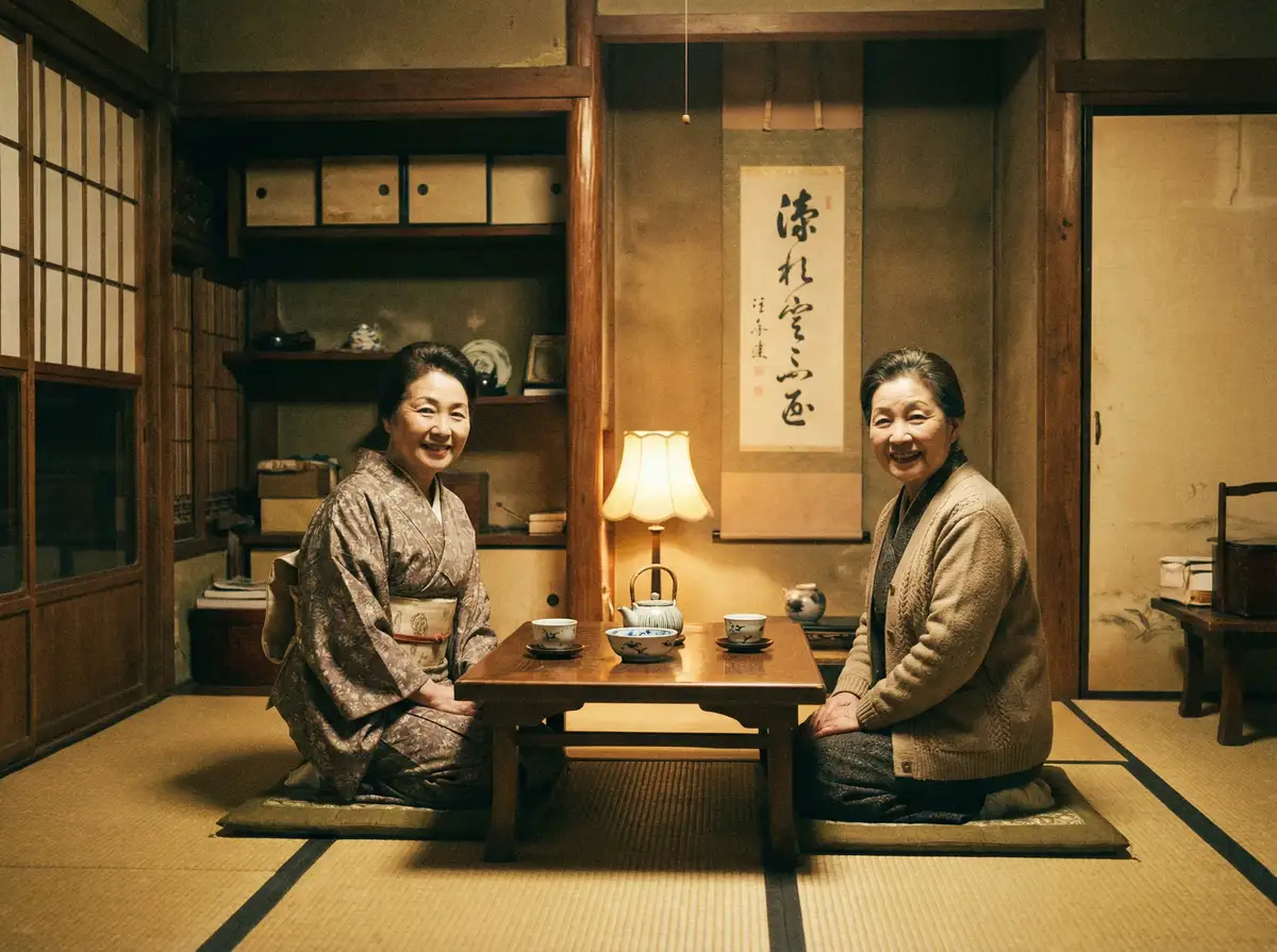 两位优雅的 莱茵体育网站 在日式茶室中品茶交谈